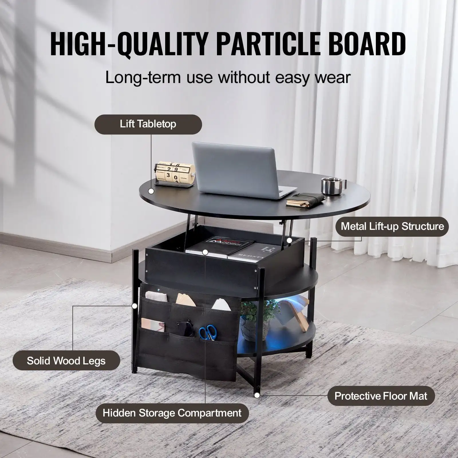 Lift Top Coffee Table 35.3" Round Coffee Table for Living Room Black 5