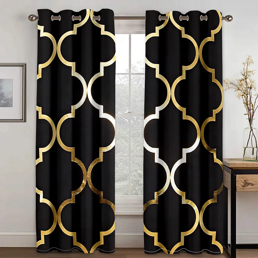 2PanelLuxuriousBlackGoldCurtainsAbstractGeometricCurtainsfor