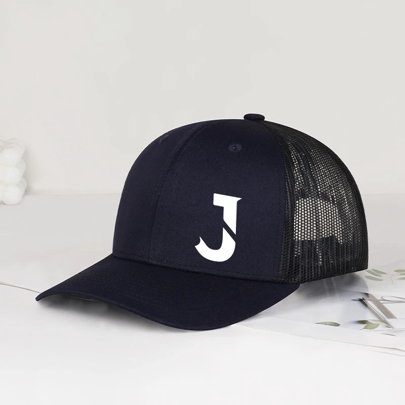 창의적인 “J” 프린트 트러커 캡 ? 봄/여름 캐주얼 모자, 가볍고 통기성이 좋으며 조절 가능한 선햇, 패션 액세서리