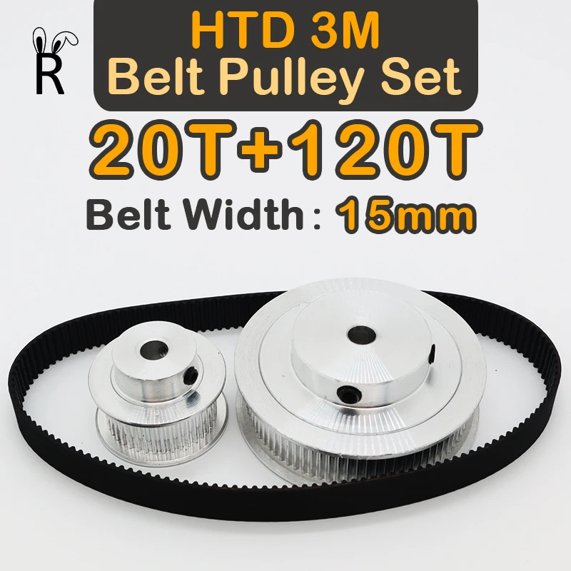 20Teeth+120Teeth HTD 3M Belt Pulley Set 20T 3M Pulley Belt Width 15mm 120T Synchronous Wheel Kit 20Teeth HTD3M Timing Pulley Set