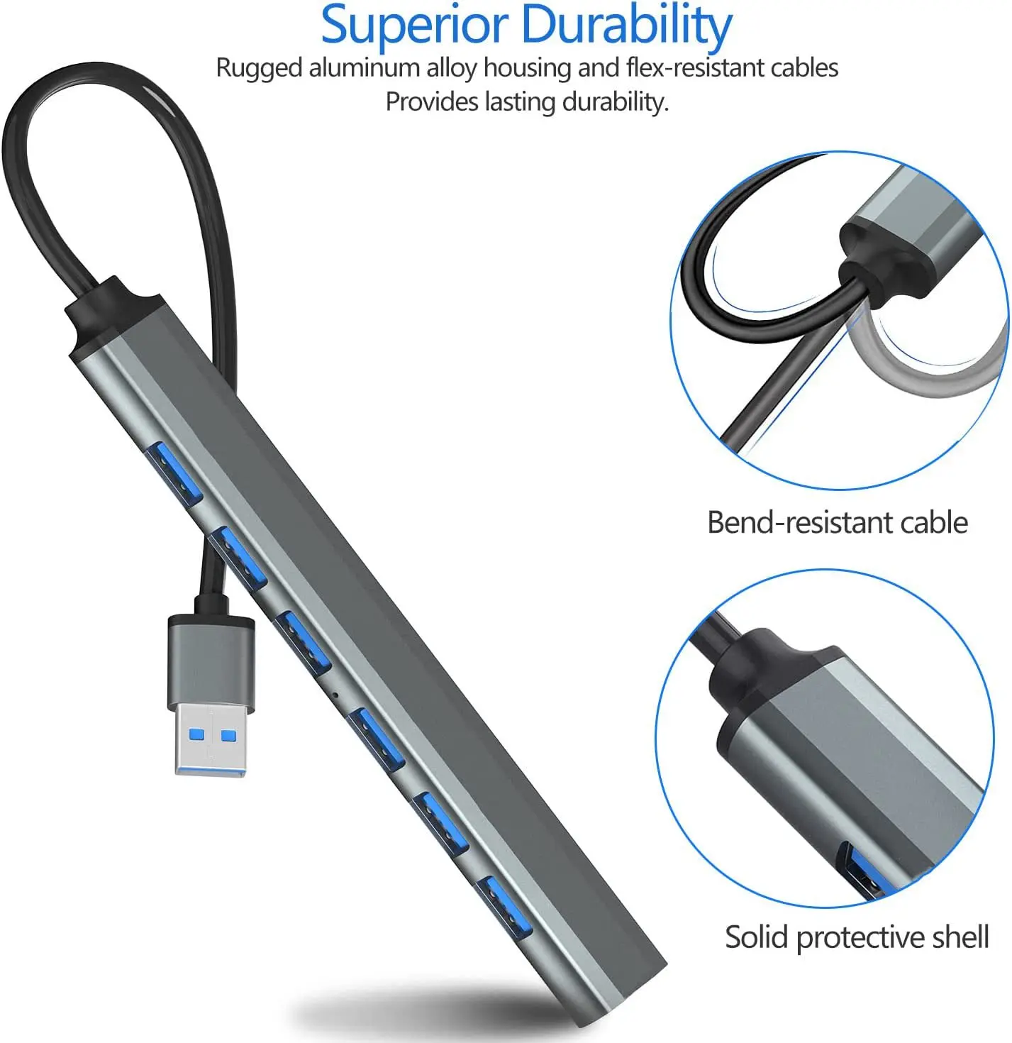 Aluminum Alloy 7-Port USB Hub with 3.0 Multi-Splitter Adapter