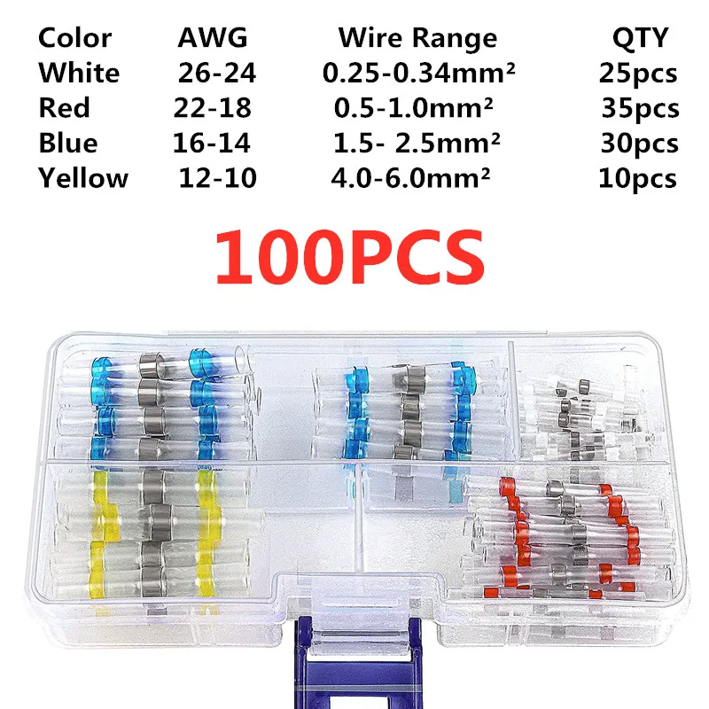 100pcs Wire Connectors Heat Boxed Solder Seal Shrink Insulated Electrical Wire Terminals Waterproof Butt Splice Connector Seal hs 6m crimping plier 100pcs closed end nylon crimp caps electrical wire cable terminals connectors set awg 12 10 16 14 22 16