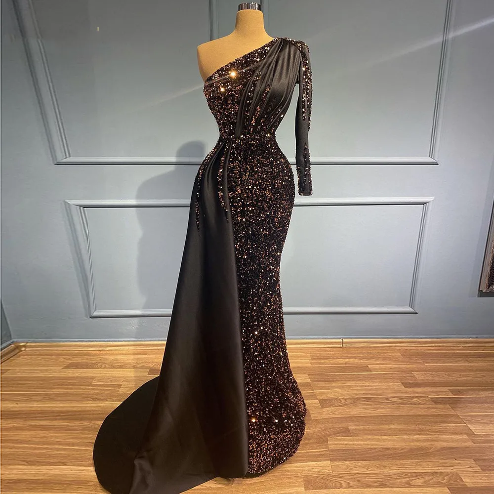 

Classic Black Evening Dress Sequin One Shoulder Long Sleeve Elegant Wedding Party Gowns Mermaid 2023 Vestidos De Ocasión Formale