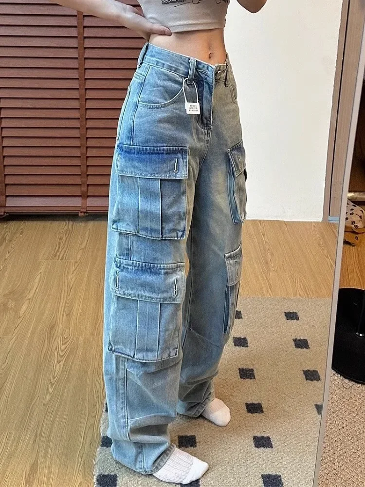 High Waist Multi-Pocket Jeans Wide Leg Cargo Pants