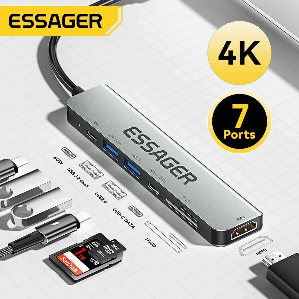 

Essager USB C Hub Type-C To HDMI-Compatible 4K 30Hz PD 60W Charger Adapter Dock Station For Macbook Pro Air Laptop USB Splitter