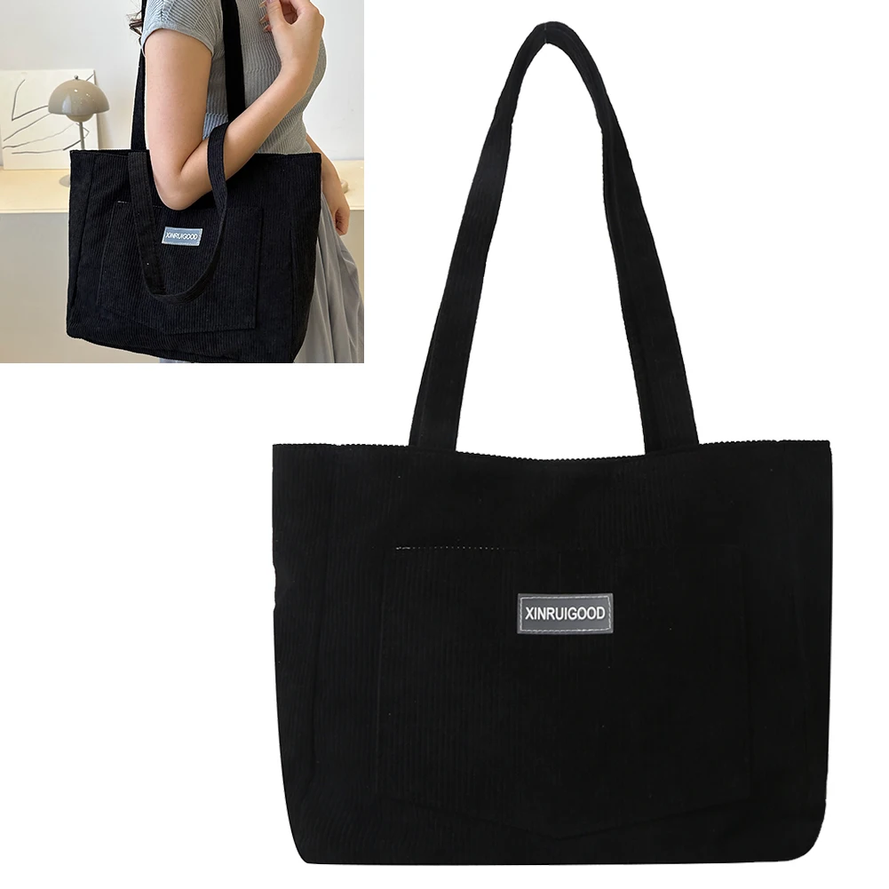

Women Corduroy Tote Bag with Pockets Compartments Cord Tote Bag Casual Shopping Bag Handbags for School Work Shopping