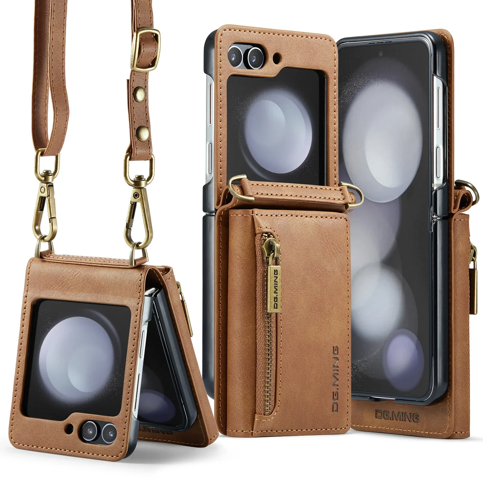 Crossbody Leather Wallet Case with Card Slot and Zipper Lanyard