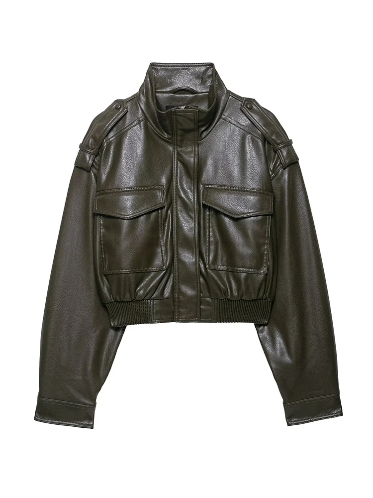 Women Slim Fit Faux Leather Jacket PU Zipper Cropped Jackets Spring Autumn Casual Pocket Bomber Coat Female Club Street Wear