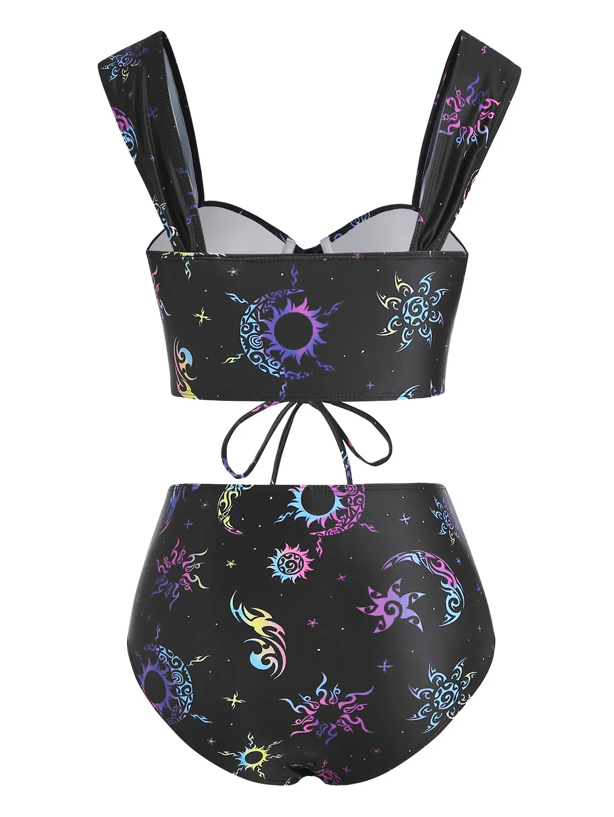 Sexy Women Swimsuit Padded Swimwear Moon Sun Star Print Lace Up Tummy Control Tankini Set Beach Wear Bathing Suit Biquini 5