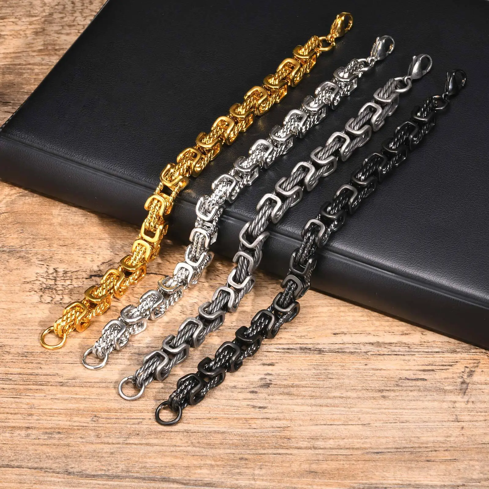 Flat Byzantine Bracelet Stainless Steel - Chunky Chain Curb Link, Unisex, Water Resistant, 9 Inch