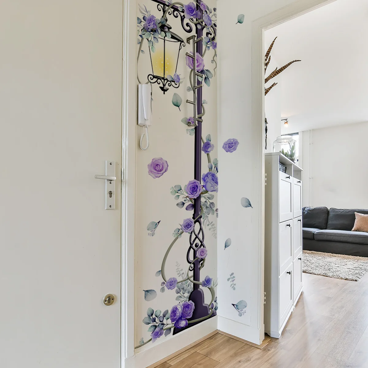 Large Violet Rose Wall Sticker Self-Adhesive Floral Decal for Living Room Bedroom Background Wall (30x90cm, 4-Pieces in 1)