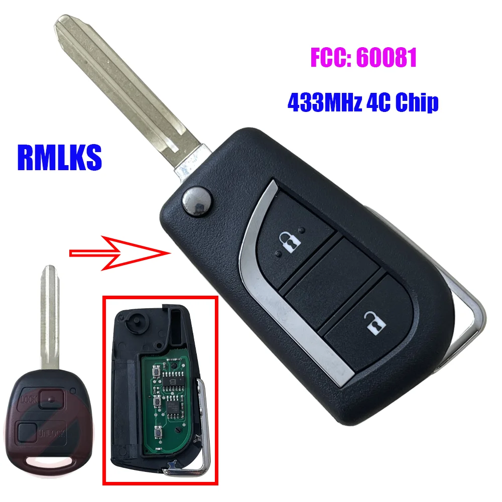 

Replacement key Remote Car Key Fob 2/3 Button 433MHz 4C Chip for Toyota RAV4 Auris Prado Corolla Camry Yaris P/N:60081 TOY43