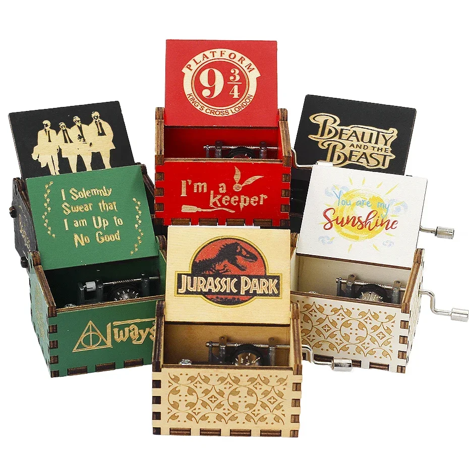 HOT Antique Anime Color Print Wooden Hand Crank Music Theme Musical Box Christmas Birthday Gift