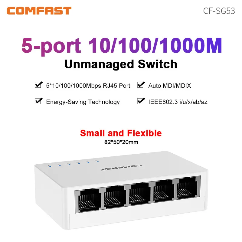 COMFAST 휴대용 플러그 앤 플레이 스위치, 5 포트 기가비트 이더넷 스위치, 2K 자동 MDI/MDIX, 1000Mbps 고속 변속기, IEEE 802.3x