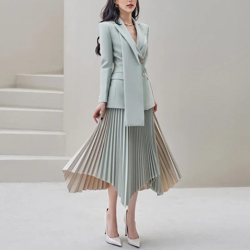 

Formal Women Skirt Suits Office Set Blazer Pleated Prom Dress 2 Pcs Irregular Stitching Colors Blue Beige Jacket In Stock