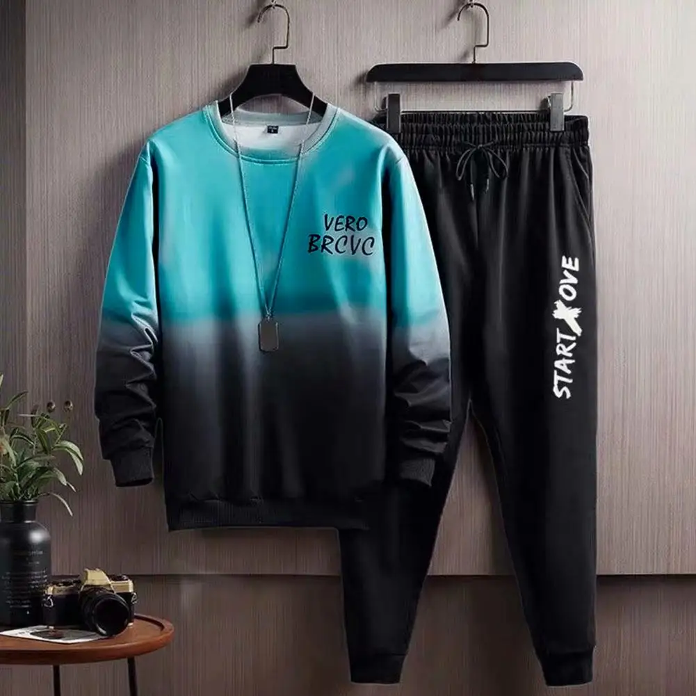 

Men Round Neck Sweatshirt Pants Set Men's Gradient Contrast Color Tracksuit Set with Loose Fit Top Elastic Waist Pants for Hip