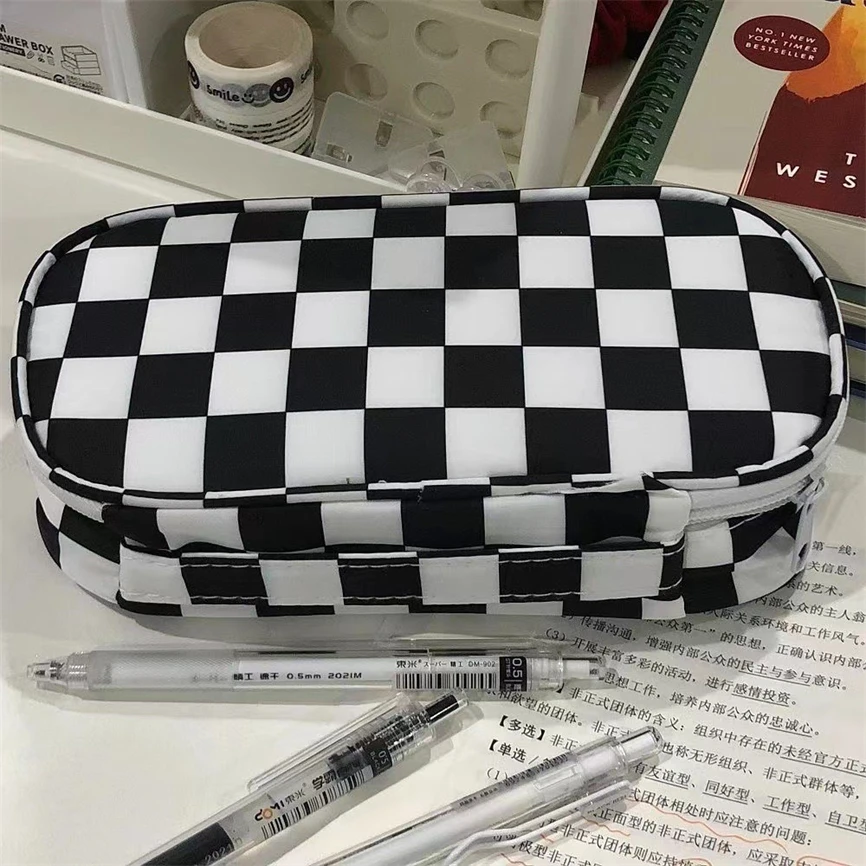 Pencil Cases For Girls Trousse Scolaire Pencil Pouch Korean Stationery  Checkerboard Pen Case Knitting Estuche Escolar Pencilcase - AliExpress