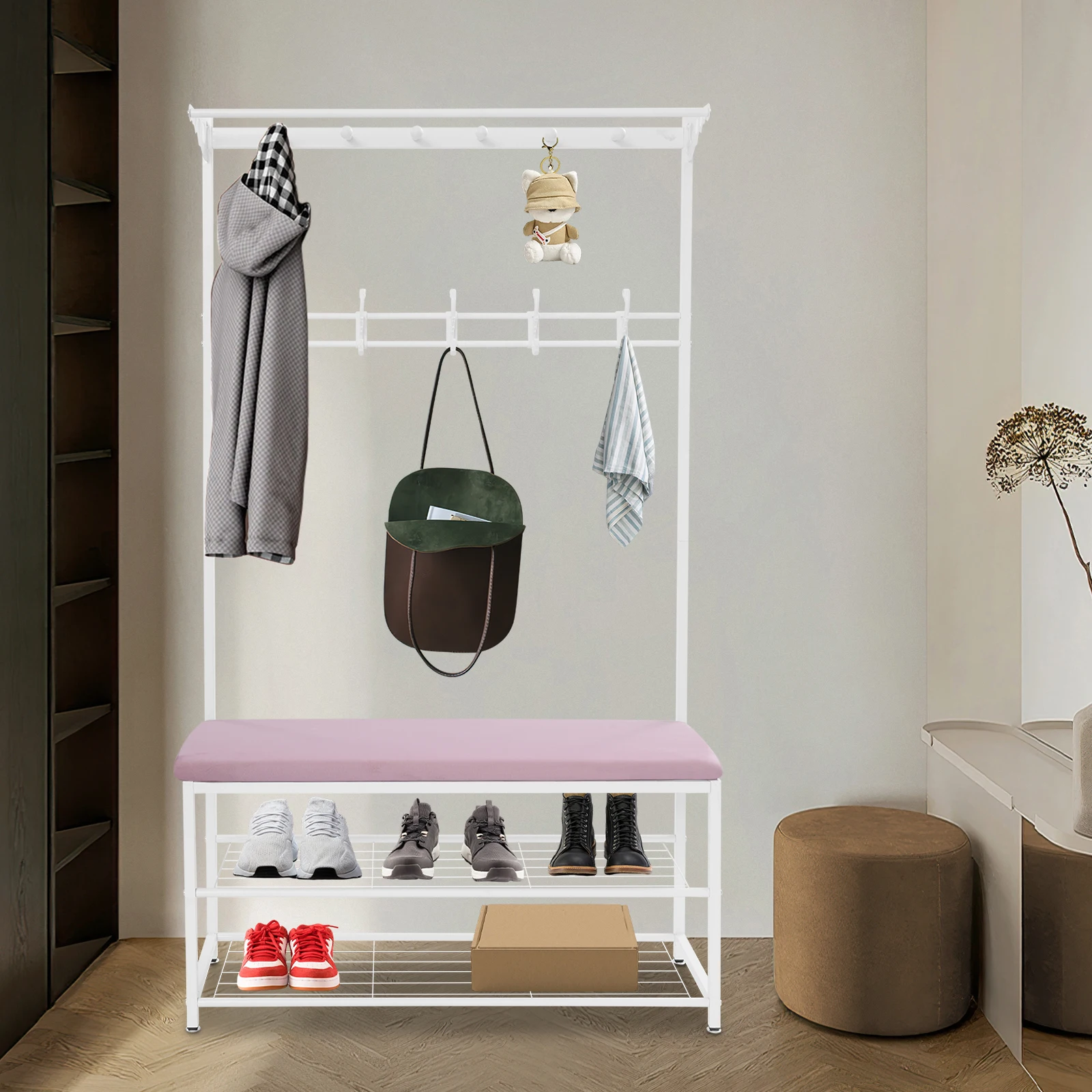 100 cm weißer und rosafarbener Garderobenständer mit Schuhbank, 2-stufiger Schuhregal und 11 Haken, multifunktionaler freistehender Kleiderständer für den Eingangsbereich – Detail 5