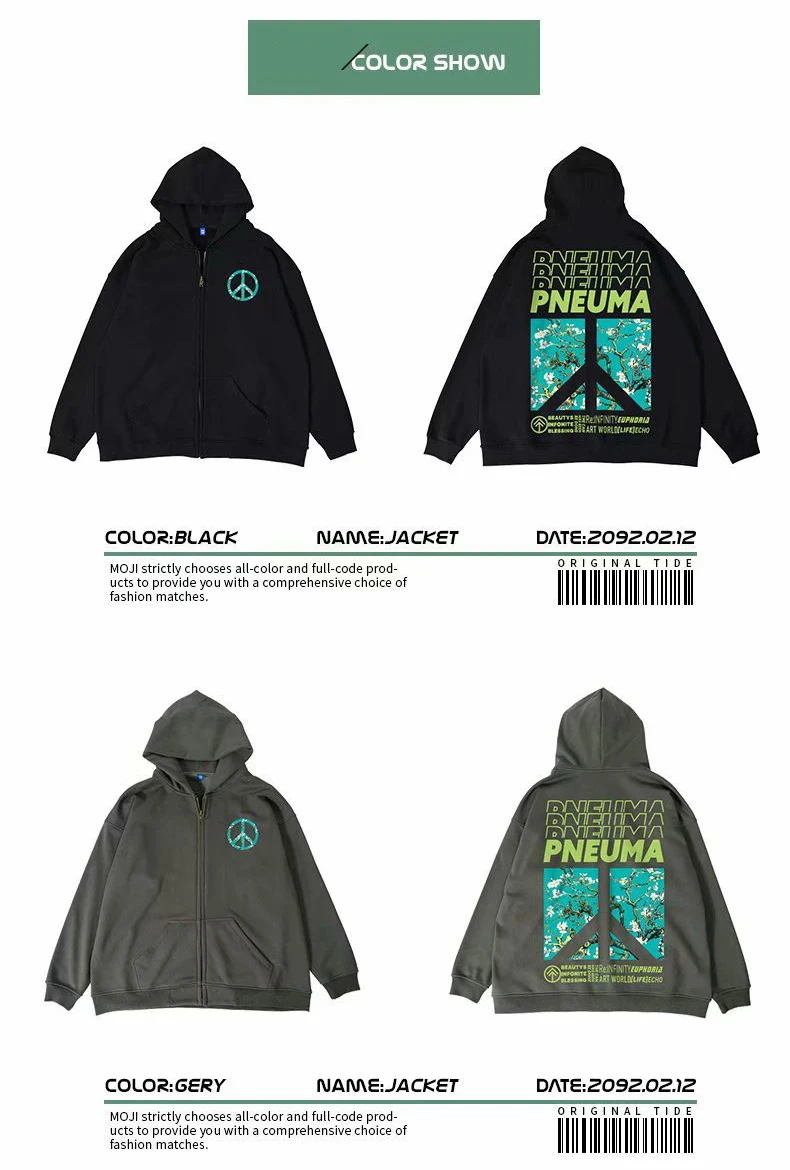 Winter Hip Hop Peace Print Hoodies Male Y2K Zipper Sweatshirt Streetwear Punk Goth Hooded Coat Couples Casual Hoody Tops Clothes