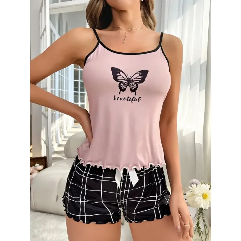 2024 New Pajama Women Print Halter Elastic Short Sleeve Two-piece Set Comfortable Home Casual Sexy