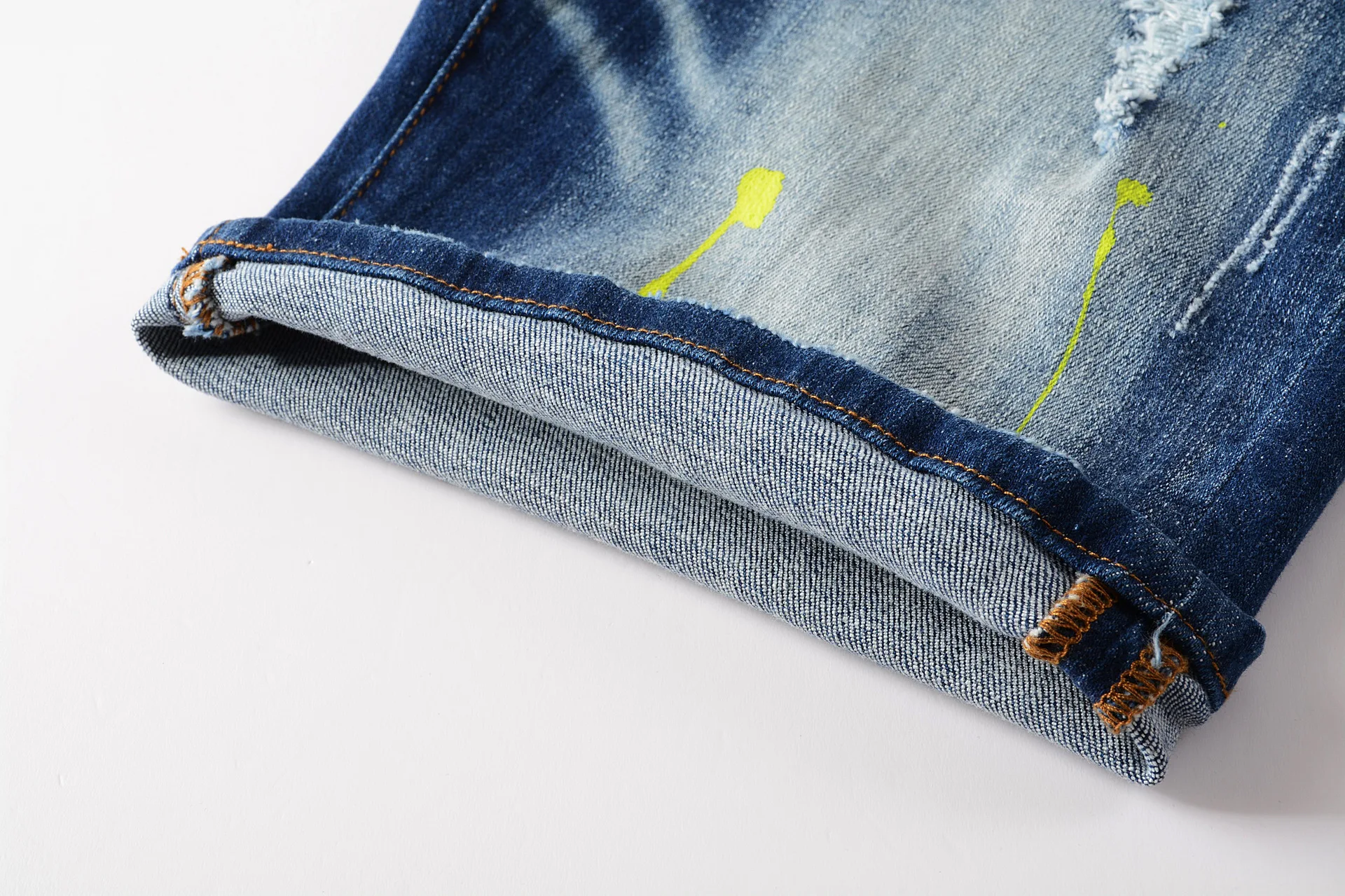 Hipster summer nickel shorts painted with punctured patch pants chain embellished  stretch jeans for men