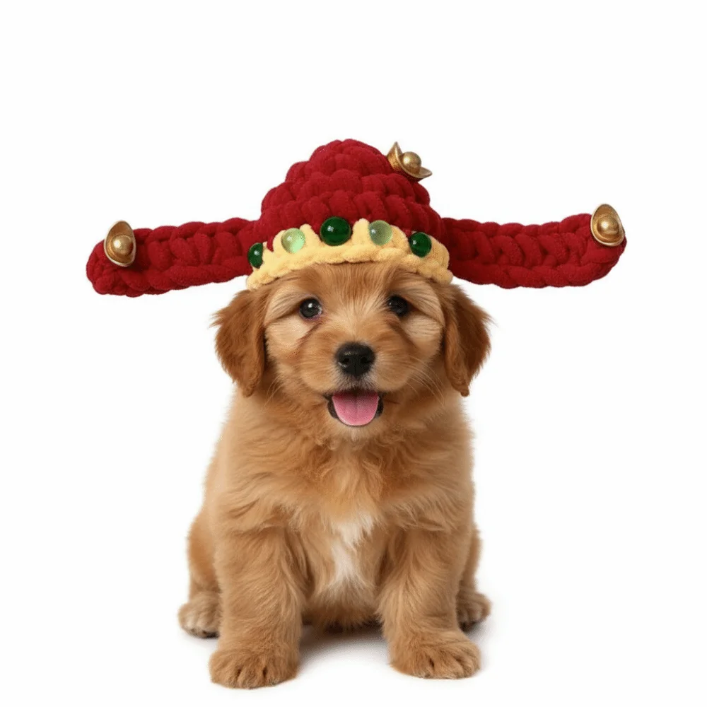 Cute Chinese Style Fortune Cat Headwear Hand-crocheted Traditional Pet Beret Warm Blessing Pet Knitted Hat Winter Holiday