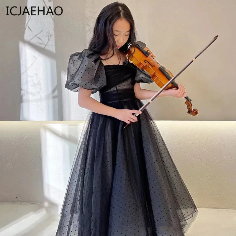 

ICJAEHAO Girl Evening Dress for Kid Elegant Black Vintage Puff Sleeve Gowns Teenage Party Dresse Children Formal Occasion Dresse