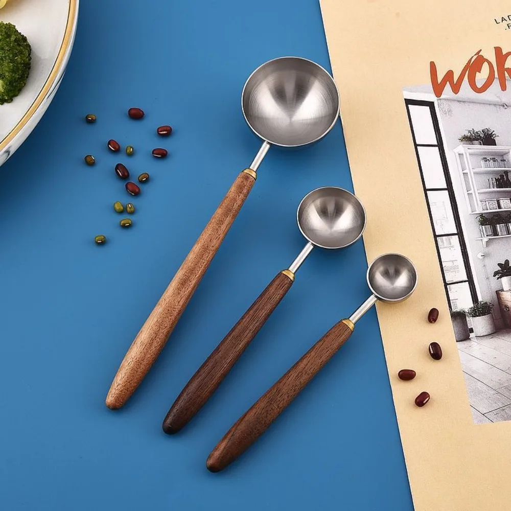 Kitchen Measuring Spoons Measuring Spoon Set 304 Stainless Steel Coffee Bean Measuring Spoons Walnut Handle Long 3/8/23ML Scoop