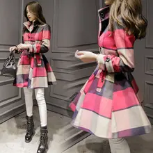 

New Autumn Winter Fashion Sashes Plaid Long Sleeve Designer Women Elegant Office Lady Windbreaker Mid-length Woolen Coat Female