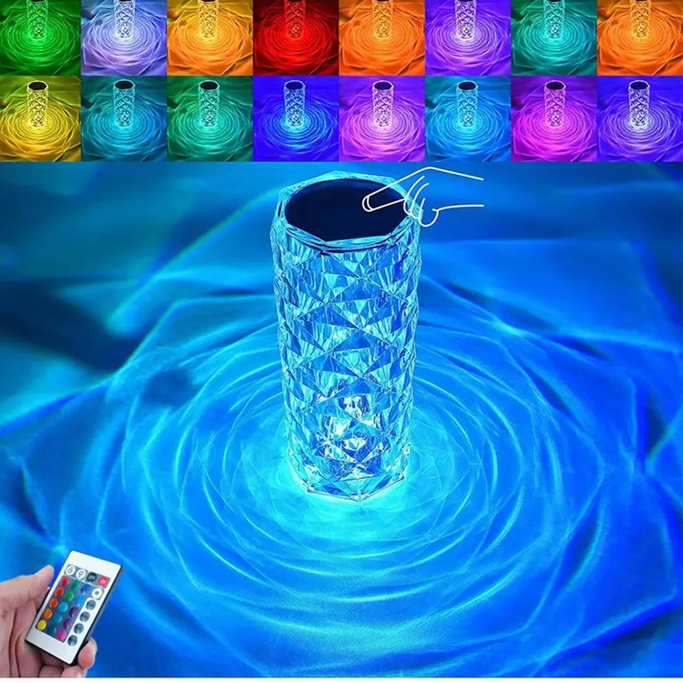 LED Crystal Table Lamp Rose Light Projector 3/16 Colors Touch Adjustable Romantic Diamond Atmosphere Light USB Touch Night