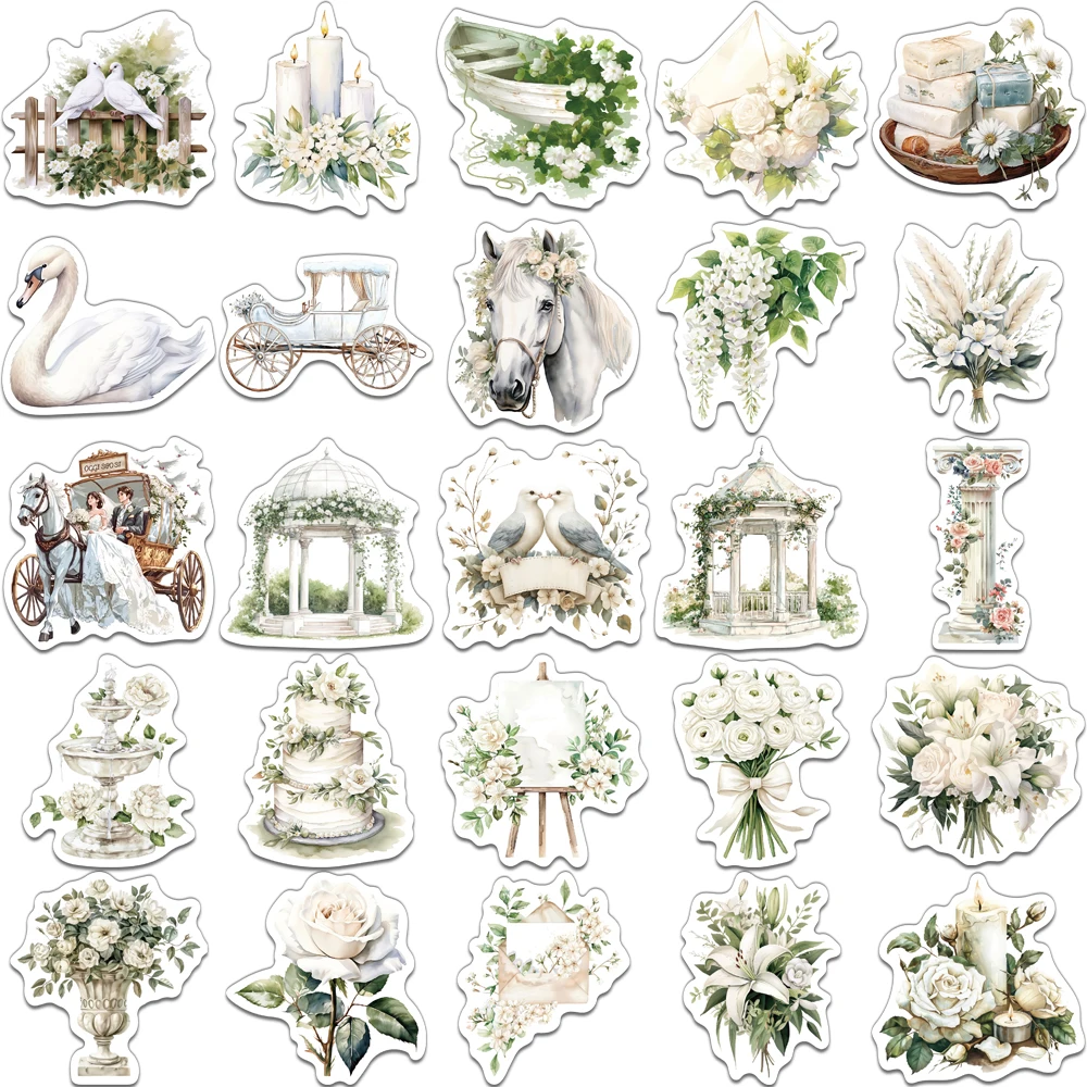50PCS 크리 에이 티브 레트로 꽃 흰색 웨딩 스티커 저널링 장식 재료 노트북 DIY 맞춤형 데칼