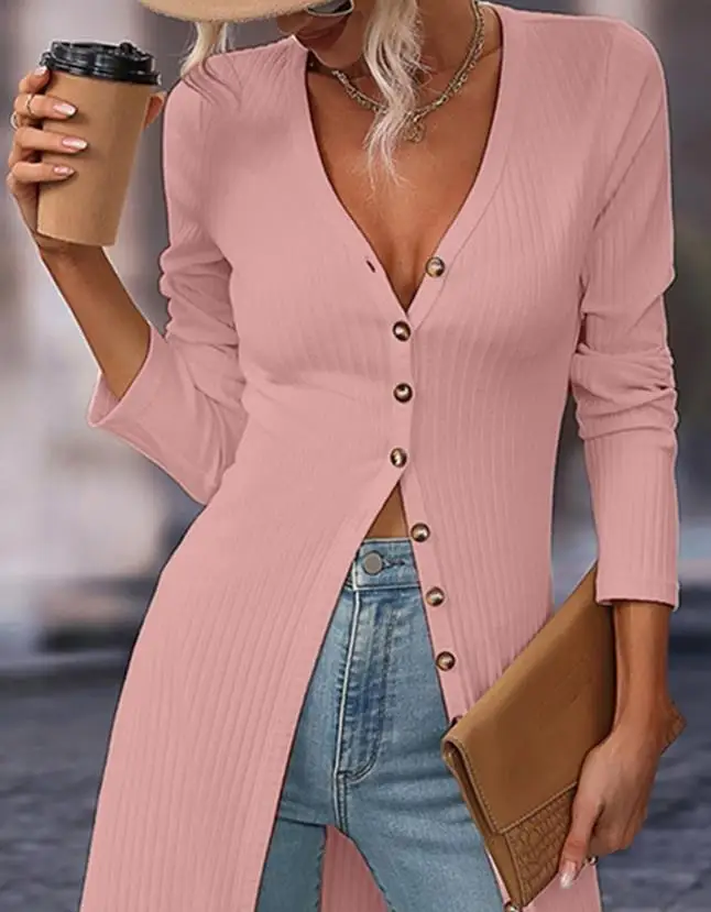 Women's Long Cardigan Coat 2023 Long Sleeve Buttoned Ribbed Longline Coat Autumn and Winter Fashion Solid Color Women's Coat