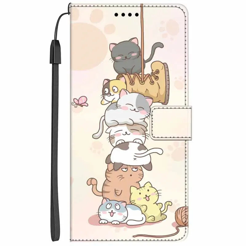 Elegant Leather Wallet Flip Case with Cat Design and Magnetic Stand