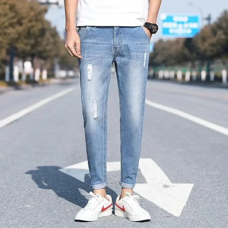 Trendy Men's Jeans Ripped Nine-point Length Casual Loose Fit Slimming Effective Branded Mid-tone Straight Leg Denim Trousers men jeans ripped jeans