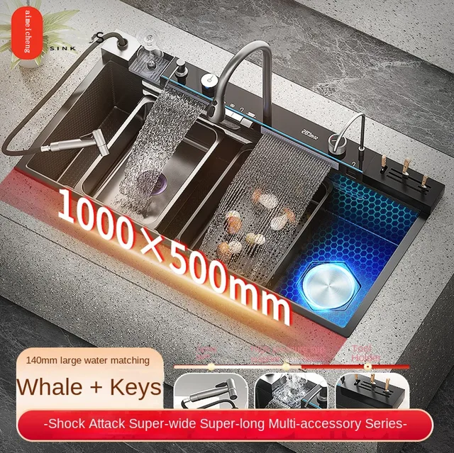 อ่างล้างจานครัวแบบช่องเดียวขนาดใหญ่ สแตนเลส 304 แบบน้ำตก พร้อมหน้าจอดิจิตอล อ่างล้างจานแบบนูนลาย สำหรับใช้ในบ้าน 1