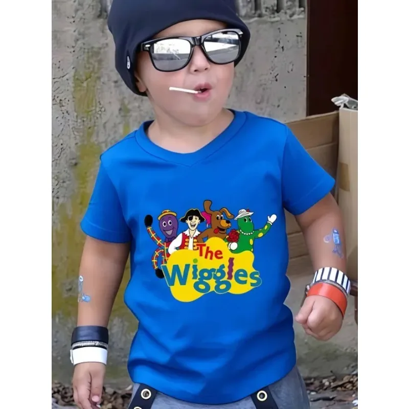 용 키즈 더 위글스 캐릭터 프린트 넥 티셔츠 - 남아용 캐주얼 반소매 티셔츠