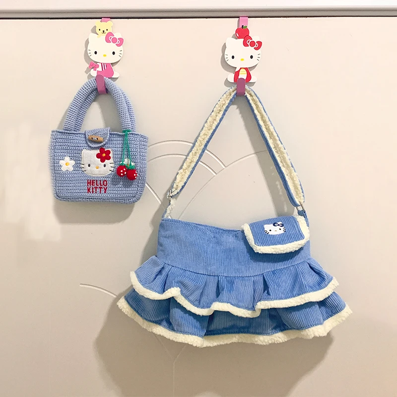 

New Fashion Sanrio Hello Kitty Messenger Bag Handbag Shoulder Female Bags INS Creativity Cake Skirt Corduroy for Students Gifts