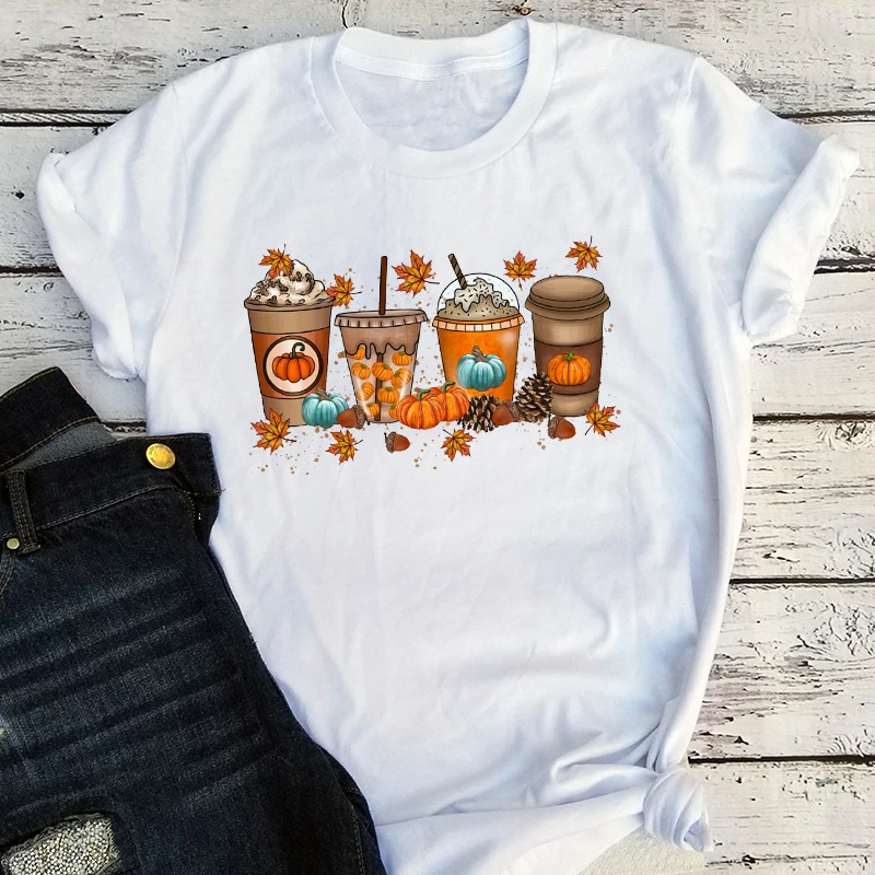 

Fall Coffee Shirt Cute Fall T-shirts Thanksgiving Top Halloween Coffee Lover Shirts Pumpkin T Shirt Women Harajuku m