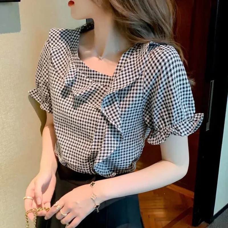 Fashion Puff Sleeve Skew Collar Plaid Ruffles Oversized Chiffon Blouse Summer 2022 New Sweet Tops Commute Female Clothing Shirt