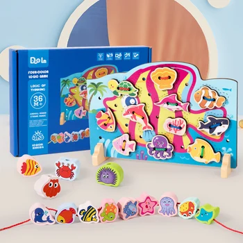 2-in-1 Montessori Wooden Bead String Game Rope Threading Toy Shape Matching Grab Board Kids' Early Education Enlightenment Toy