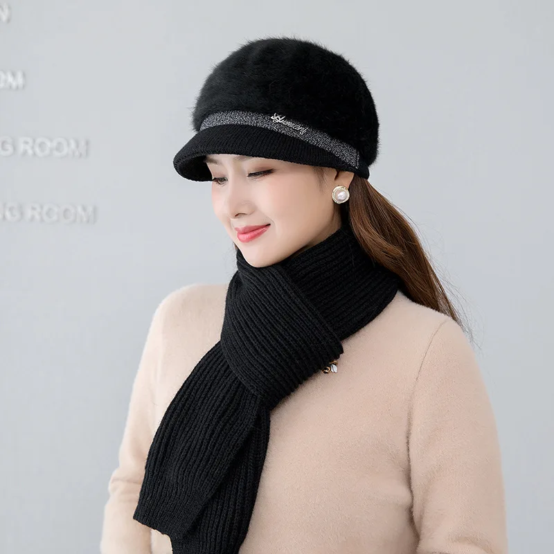 

2022 New Winter Hat Thick Warm Plus Velvet Beanies Hat Scarf Set For Women Middle-Aged Mother Fashion Rabbit Fur Knitted Hat