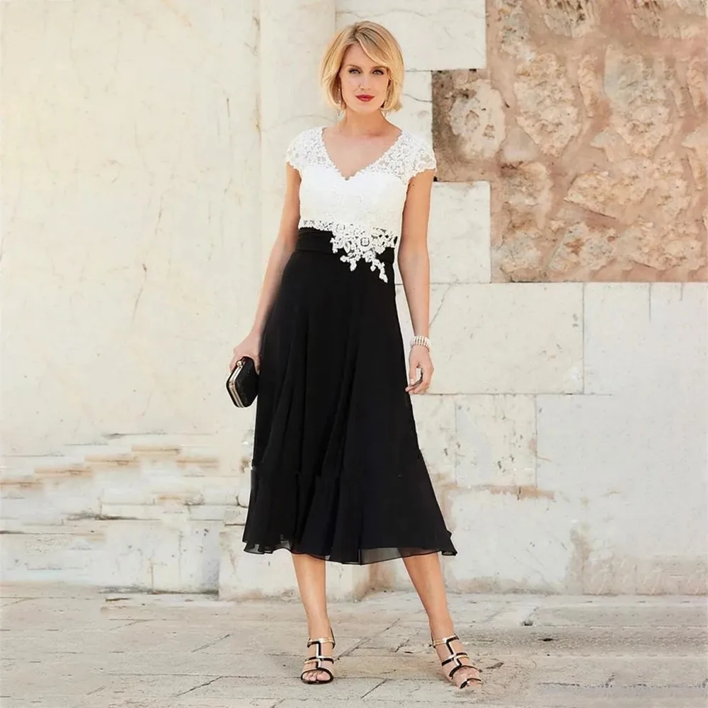 

Elegant Tea Length Mother Of The Bride Dress A Line 2023 Chiffon V Neck Chic Evening Prom Dresses Lace Wedding Guest Party Skirt