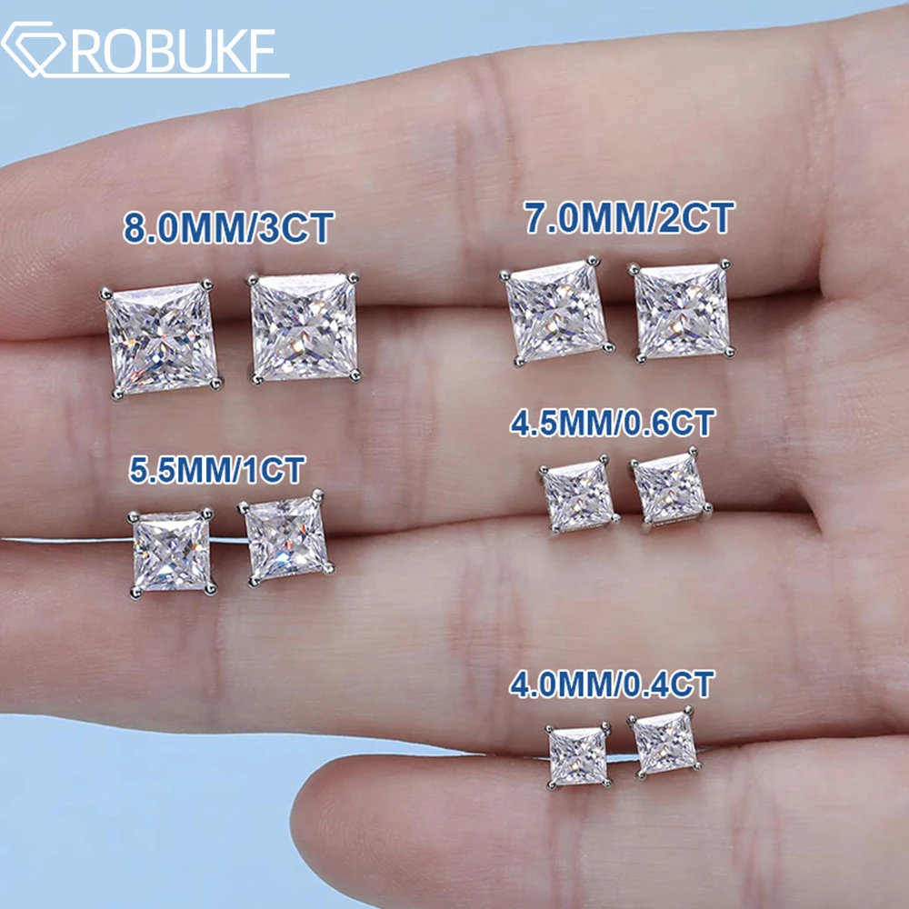 Princess Cut Moissanite Stud Earrings for Women Men