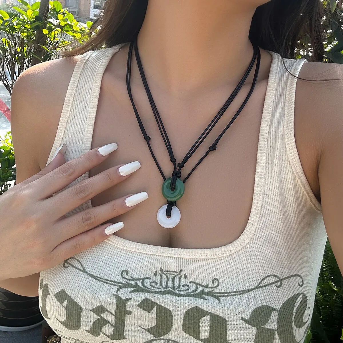 2Pcs Chinese Style Vintage Peace Buckle Pendant Choker Necklace for Women Simple Adjustable Long Chain Y2K Jewelry Accessories