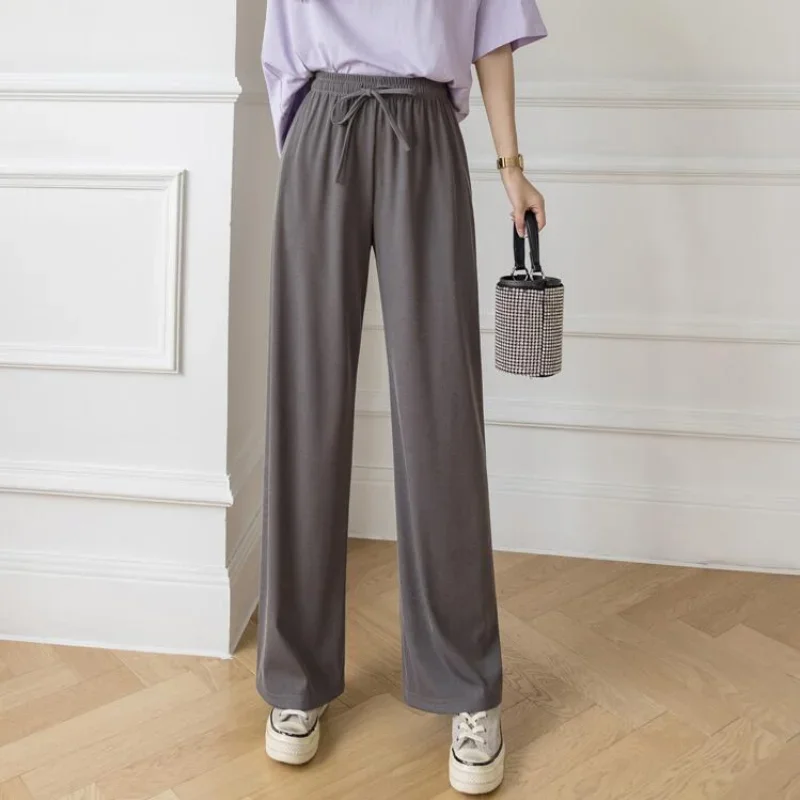 Women Summer High Waist Elastic Sash Ice Silk Pants 2024 Solid Color Casual Loose Long Trousers Soft Comfortable Wide Leg Pant