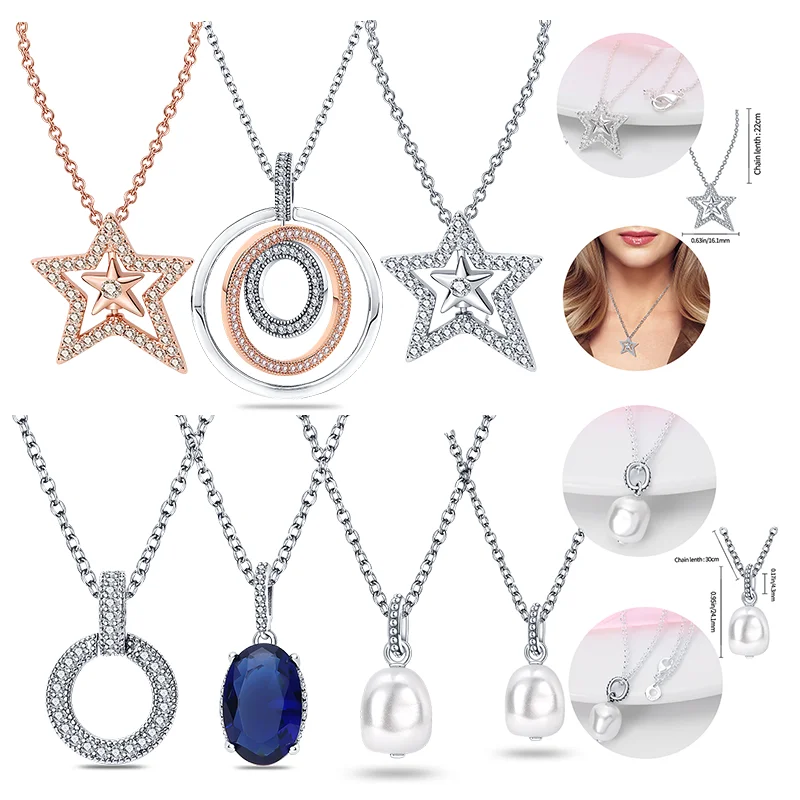 Necklace For Women Silver Color S925 Rose Gold Dazzling Heart Peal Pendant Necklace Blue Crystal Colar De P&eacute;rolas Bes