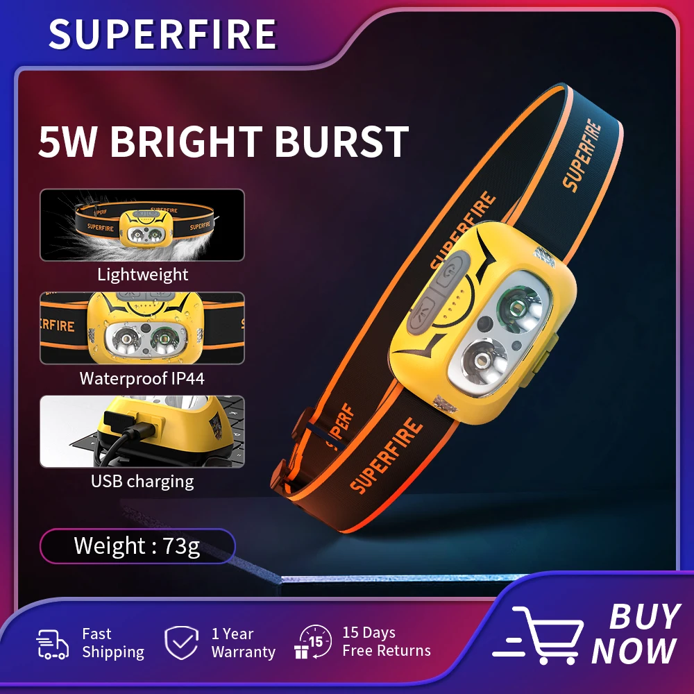 Superfire Hl05-S Potente Faro Con Luce Gialla/Bianca, Sensore Di Movimento, Lampada Da Lavoro Con Torcia Da Campeggio Ricaricabile Usb
