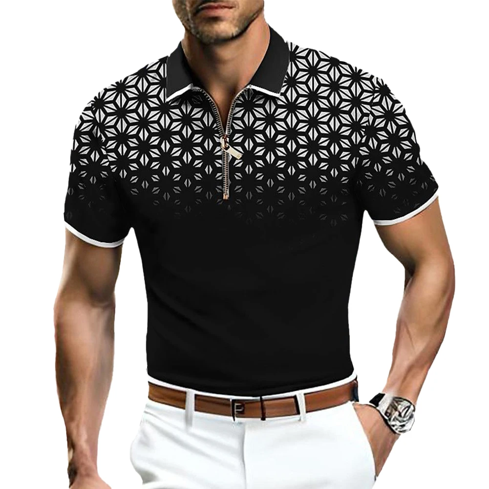 

Tops T Shirt Tee Zip Blouse Business Collared Comfortable Fashion Men Muscle Office Print Short Sleeve Brand New