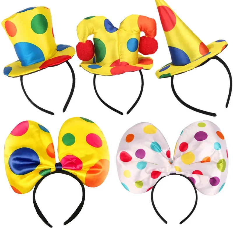 Colorful Clown Headdress Yellow Colored Dots Bow Headwear Circus Performance Props Funny Joker Hats Makeup Party Decorations