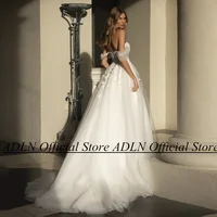 ADLN Romantic Boho Wedding Dress Off The Shoulder V Neck See Through Sequined Applique A Line Tulle Bridal Gown Robe De Mariee 2